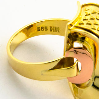 Ring aus 585 Gelb-, Rot- und Weißgold mit Perle und Brillant, vintage, nachhaltiger second hand Schmuck perfekt aufgearbeitet