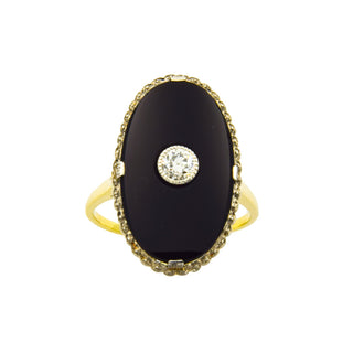 Ring aus 585 Gelb- und Weißgold mit Onyx und Diamant, nachhaltiger second hand Schmuck perfekt aufgearbeitet