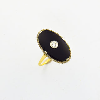 Ring aus 585 Gelb- und Weißgold mit Onyx und Diamant, nachhaltiger second hand Schmuck perfekt aufgearbeitet
