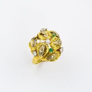Ring aus 750 Gelb- und Weißgold mit Smaragd, Brillant und Diamant, nachhaltiger second hand Schmuck perfekt aufgearbeitet