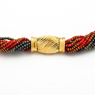 Korallencollier mit Schließe und Ösen aus 750 Gelbgold mit Hämatit, nachhaltiger second hand Schmuck perfekt aufgearbeitet