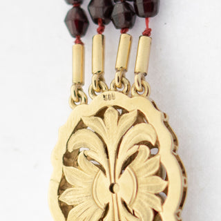 Vierreihige Granatkette mit Schließe aus 585 Gelbgold mit Granaten und Brillant, nachhaltiger second hand Schmuck perfekt aufgearbeitet