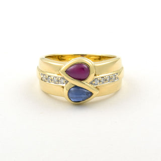 Toi-et-Moi Ring aus 585 Gelbgold mit Rubin, Saphir und Brillant, nachhaltiger second hand Schmuck perfekt aufgearbeitet