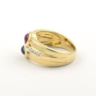 Toi-et-Moi Ring aus 585 Gelbgold mit Rubin, Saphir und Brillant, nachhaltiger second hand Schmuck perfekt aufgearbeitet