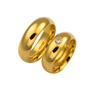 Niessing Trauringe halbrund/bombiert aus 750 Gelbgold mit Brillant, nachhaltiger second hand Schmuck perfekt aufgearbeitet