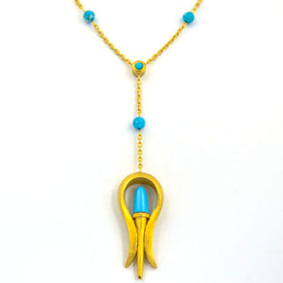 Fibula Y-Kette aus 750 Gelbgold mit Türkis, nachhaltiger second hand Schmuck perfekt aufgearbeitet