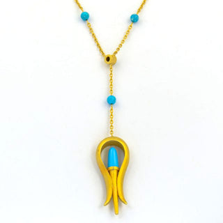 Fibula Y-Kette aus 750 Gelbgold mit Türkis, nachhaltiger second hand Schmuck perfekt aufgearbeitet