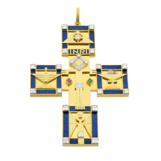 A. Frühauf Kreuzanhänger aus 750 Gelb- und Weißgold mit Rubin, Smaragd und Diamant, nachhaltiger second hand Schmuck perfekt aufgearbeitet