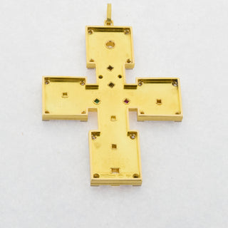A. Frühauf Kreuzanhänger aus 750 Gelb- und Weißgold mit Rubin, Smaragd und Diamant, nachhaltiger second hand Schmuck perfekt aufgearbeitet