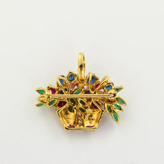 Rubinanhänger Blumenkorb aus 750 Gelbgold mit Saphir und Smaragd, nachhaltiger second hand Schmuck perfekt aufgearbeitet