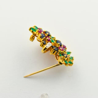 Rubinanhänger Blumenkorb aus 750 Gelbgold mit Saphir und Smaragd, nachhaltiger second hand Schmuck perfekt aufgearbeitet