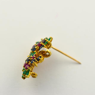 Rubinanhänger Blumenkorb aus 750 Gelbgold mit Saphir und Smaragd, nachhaltiger second hand Schmuck perfekt aufgearbeitet