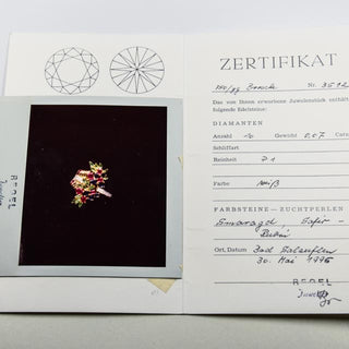Rubinanhänger Blumenkorb aus 750 Gelbgold mit Saphir und Smaragd, nachhaltiger second hand Schmuck perfekt aufgearbeitet