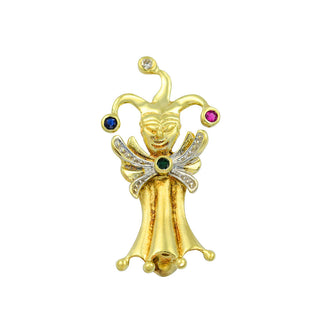Anhänger/Brosche Clown aus 585 Gelbgold mit Rubin, Saphir und Smaragd, nachhaltiger second hand Schmuck perfekt aufgearbeitet