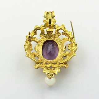 Anhänger/Brosche aus 585 Gelbgold mit Amethyst und Perle, nachhaltiger second hand Schmuck perfekt aufgearbeitet
