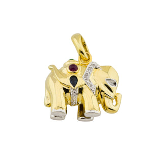 Rubinanhänger Elefant aus 585 Gelb- und Weißgold mit Saphir und Diamant, nachhaltiger second-hand Schmuck perfekt aufgearbeitet