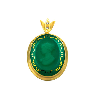 Anhänger aus 750 Gelbgold mit Chrysopras und Brillant, nachhaltiger second hand Schmuck perfekt aufgearbeitet