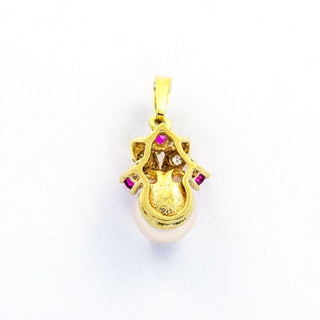 Perlenanhänger aus 585 Gelbgold mit Rubin und Diamant, nachhaltiger second hand Schmuck perfekt aufgearbeitet