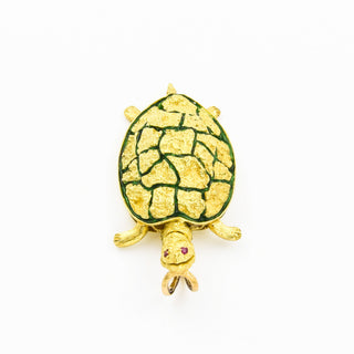 Anhänger Schildkröte aus 750 Gelbgold mit Rubin, nachhaltiger second hand Schmuck perfekt aufgearbeitet