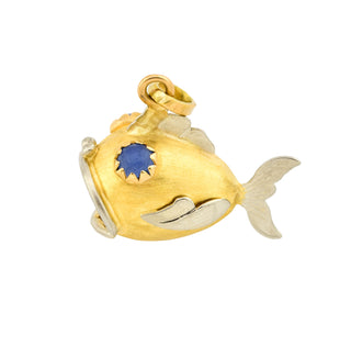 Anhänger Fisch aus 750 Gelb- und Weißgold mit Chalcedon, nachhaltiger second hand Schmuck perfekt aufgearbeitet