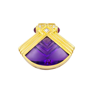 Anhänger aus 585 Gelbgold mit Amethyst, Diamant und Rubin, nachhaltiger second hand Schmuck perfekt aufgearbeitet