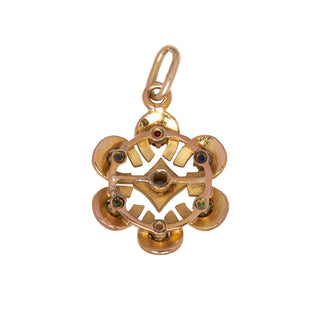 Rubinanhänger aus 585 Gelbgold mit Saphir und Smaragd, nachhaltiger second hand Schmuck perfekt aufgearbeitet