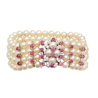 Armband aus 750 Weißgold mit Perle, Diamant und Rubin, hochwertiger second hand Schmuck perfekt aufgearbeitet