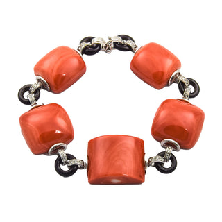 Korallenarmband aus 750 Weißgold mit Onyx und Diamant, nachhaltiger second hand Schmuck perfekt aufgearbeitet