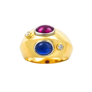 Bandring aus 750 Gelbgold mit Rubin, Saphir und Brillant, nachhaltiger second hand Schmuck perfekt aufgearbeitet