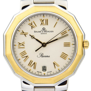Baume & Mercier Riviera Quarzwerk mit Datumsanzeige und verschraubte Drücker und Schnellschaltung, gebrauchte Luxusuhr im Top-Zustand