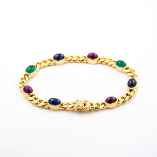 Binder Saphirarmband aus 585 Gelbgold mit Rubin und Smaragd, nachhaltiger second hand Schmuck perfekt aufgearbeitet