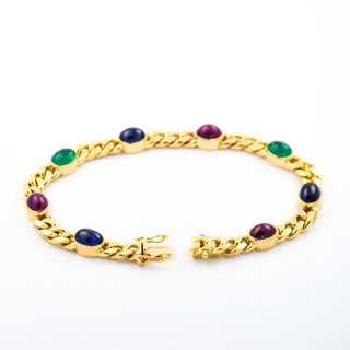 Binder Saphirarmband aus 585 Gelbgold mit Rubin und Smaragd, nachhaltiger second hand Schmuck perfekt aufgearbeitet