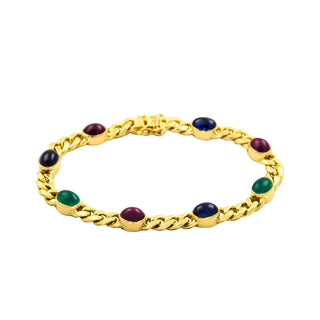 Binder Saphirarmband aus 585 Gelbgold mit Rubin und Smaragd, nachhaltiger second hand Schmuck perfekt aufgearbeitet