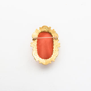 Brosche Bacchus Weingott aus 750 Gelbgold mit Koralle, nachhaltiger second hand Schmuck perfekt aufgearbeitet