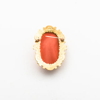 Brosche Bacchus Weingott aus 750 Gelbgold mit Koralle, nachhaltiger second hand Schmuck perfekt aufgearbeitet
