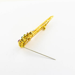 Brosche aus 750 Gelb- und Weißgold mit Amethyst, Aquamarin und Citrin, nachhaltiger second hand Schmuck perfekt aufgearbeitet