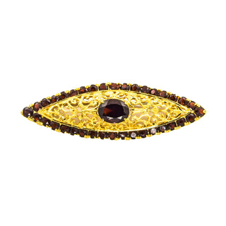 Brosche aus 750 Gelbgold mit Granat, nachhaltiger second hand Schmuck perfekt aufgearbeitet