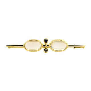 Brosche aus 585 Gelbgold mit Mondstein und Saphir, nachhaltiger second-hand Schmuck perfekt aufgearbeitet