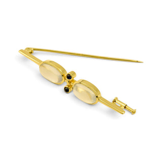 Brosche aus 585 Gelbgold mit Mondstein und Saphir, nachhaltiger second-hand Schmuck perfekt aufgearbeitet