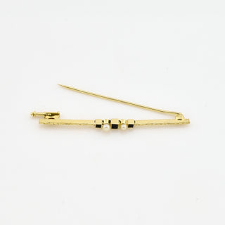 Brosche aus 585 Gelbgold mit Onyx und Perle, nachhaltiger second hand Schmuck perfekt aufgearbeitet