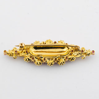 Brosche aus 750 Gelbgold mit Perle und Rubin, um 1900, hochwertiger second hand Schmuck perfekt aufgearbeitet