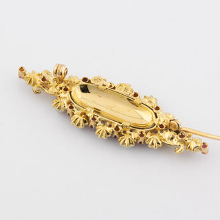 Brosche aus 750 Gelbgold mit Perle und Rubin, um 1900, hochwertiger second hand Schmuck perfekt aufgearbeitet