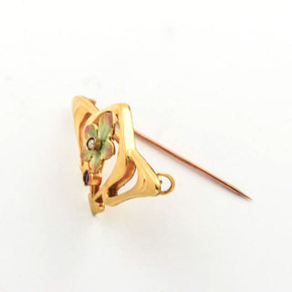 Brosche aus 333 Gelbgold mit Perle und Rubin, nachhaltiger second hand Schmuck perfekt aufgearbeitet