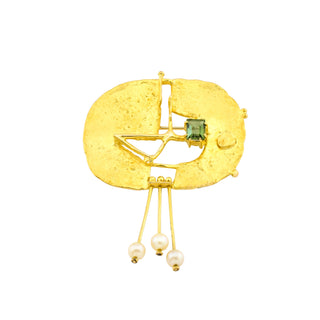Perlenbrosche aus 750 Gelbgold mit Turmalin, nachhaltiger second hand Schmuck perfekt aufgearbeitet