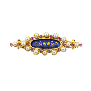 Brosche aus 750 Gelbgold mit Perle und Rubin, um 1900, hochwertiger second hand Schmuck perfekt aufgearbeitet