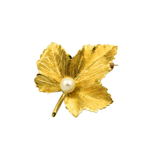 Brosche aus 750 Gelbgold mit Perle, nachhaltiger second hand Schmuck perfekt aufgearbeitet
