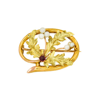 Brosche aus 585 Gelbgold mit Rubin und Perle, nachhaltiger second hand Schmuck perfekt aufgearbeitet