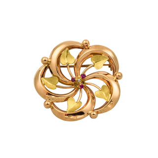 Brosche aus 750 Gelbgold mit Rubin, nachhaltiger second hand Schmuck perfekt aufgearbeitet