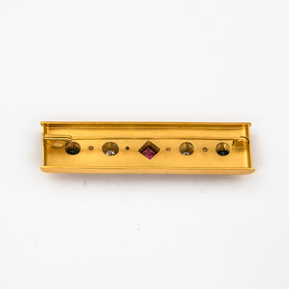 Brosche aus 585 Gelbgold mit Turmalin und Diamant, nachhaltiger second hand Schmuck perfekt aufgearbeitet