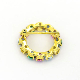 Brosche aus 585 Gelbgold mit Turmalin, Citrin und Aquamarin, nachhaltiger second hand Schmuck perfekt aufgearbeitet